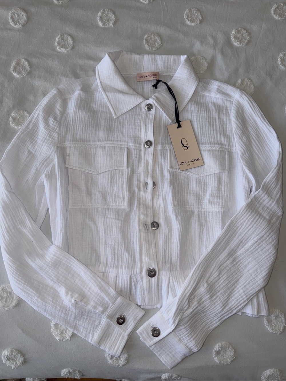 NWT Lola + Sophie Cropped Snap Front Jacket - White Textured Cotton